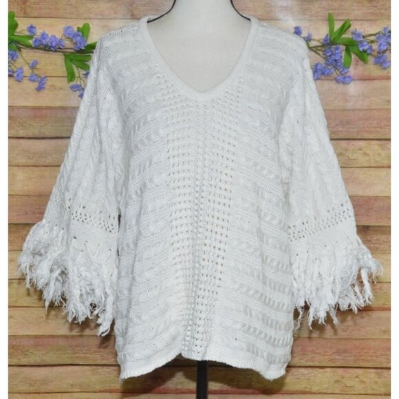 Cabi Fiesta Fringe Sweater Small Boxy Poncho Boho Coastal Beachy Half Sleeves - Picture 1 of 10